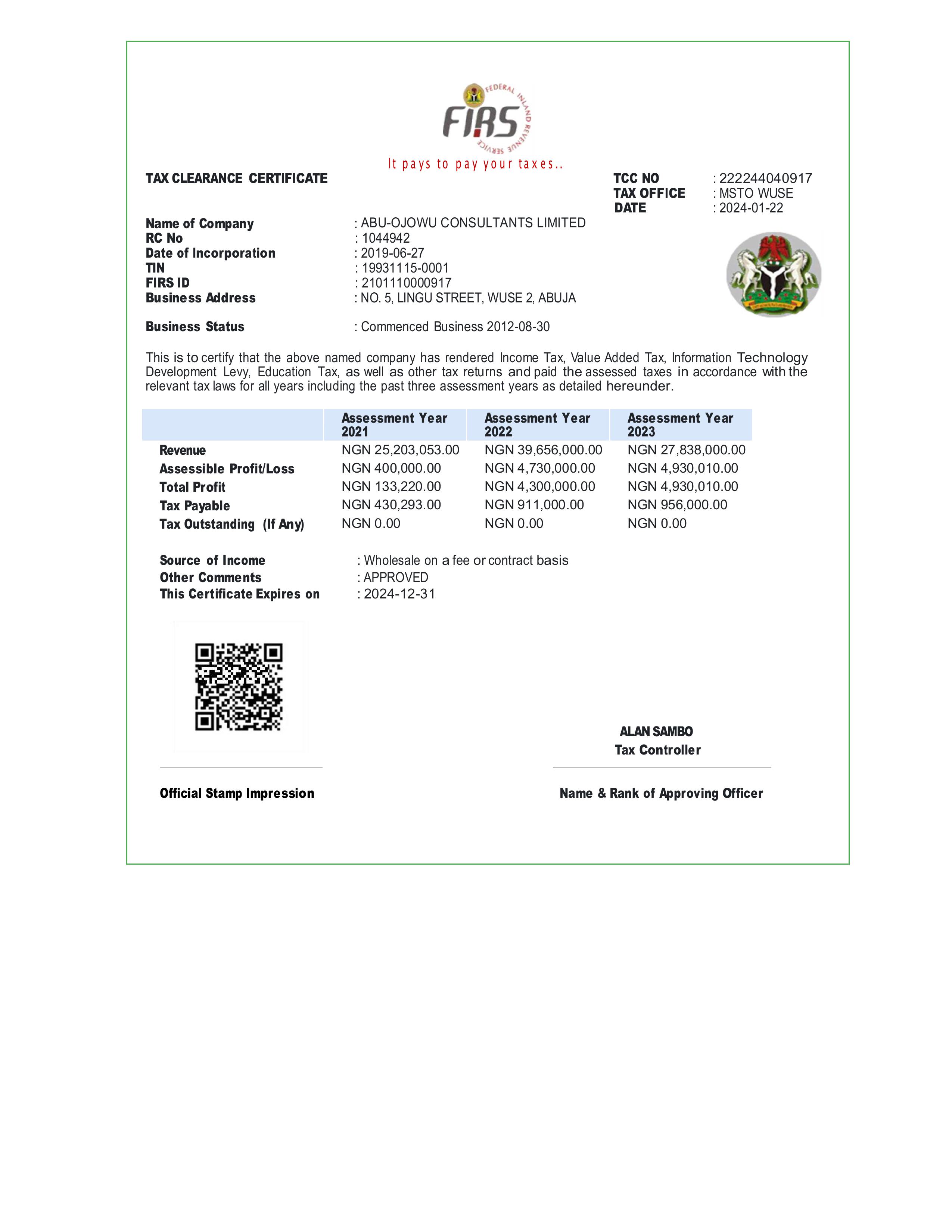 Tax Clearance Certificate